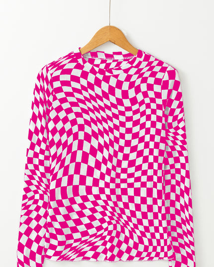 Rose Checkered Pattern Mesh Mock Neck Long Sleeve Top