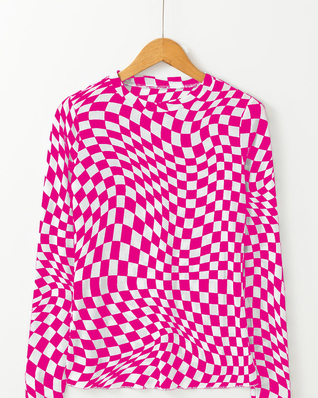 Rose Checkered Pattern Mesh Mock Neck Long Sleeve Top