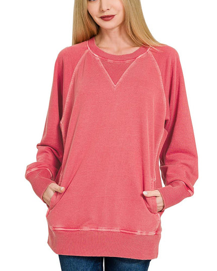 `Washed French Terry Pullover With Side Pockets Zenana