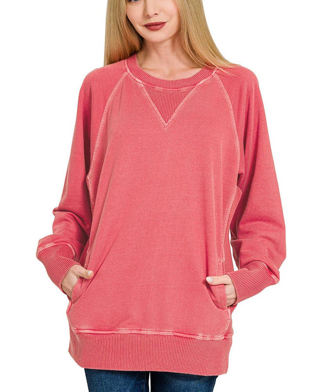 `Washed French Terry Pullover With Side Pockets Zenana