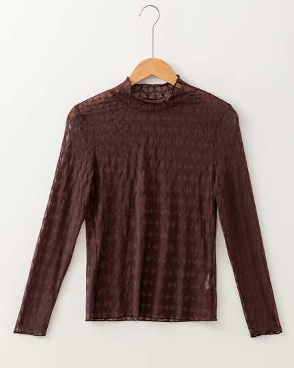 Coffee Sheer Mesh Patterned Lettuce Trim Slim Long Sleeve Top