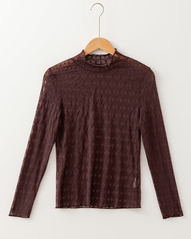 Coffee Sheer Mesh Patterned Lettuce Trim Slim Long Sleeve Top