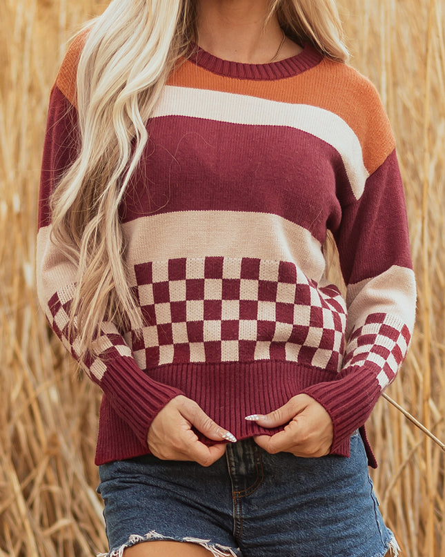 Brown Checkered Color Block Knitted Drop Shoulder Sweater