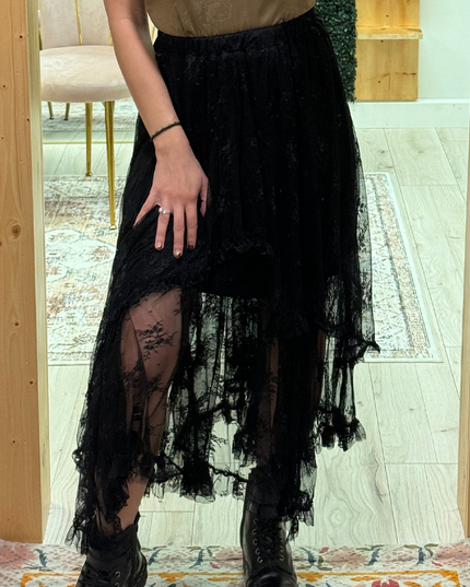 Black Lace Cascading Tiered High Waist Maxi Skirt