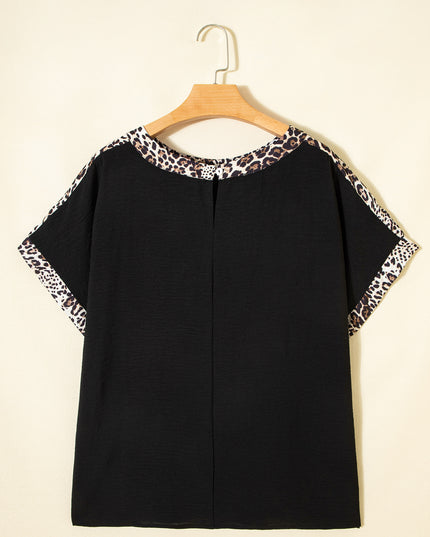 Black Plus Size Leopard Patchwork Round Neck Loose Tee