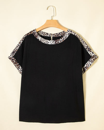Black Plus Size Leopard Patchwork Round Neck Loose Tee