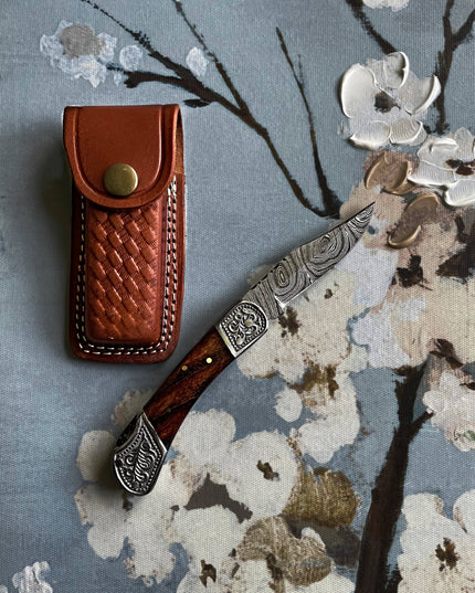 POCKET KNIFE WALNUT WOOD 6.5'' DAMASCUS STEEL KNIFE STEEL BO
