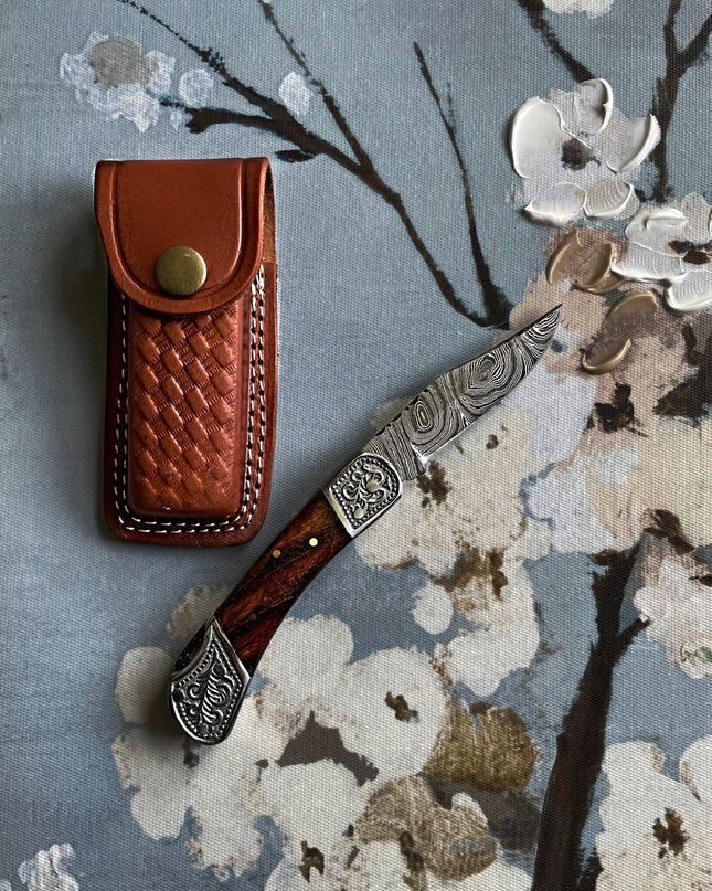 POCKET KNIFE WALNUT WOOD 6.5'' DAMASCUS STEEL KNIFE STEEL BO