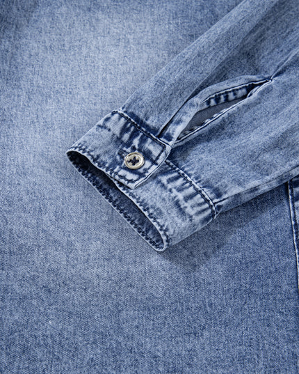 Dusk Blue Vintage Wash Denim Ruffle Detail Button Down Shirt