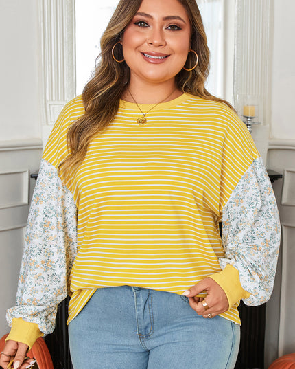 Yellow Stripe Striped Contrast Floral Sleeve Patchwork Plus Size Loose Top