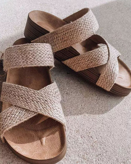 Beige Woven Cross Criss Hollowed Slip-On Slippers