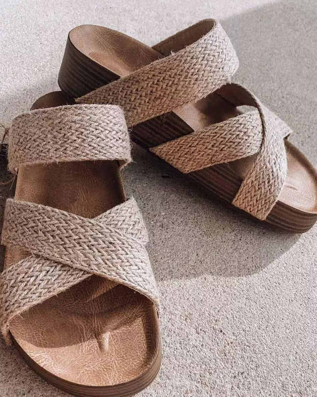 Beige Woven Cross Criss Hollowed Slip-On Slippers