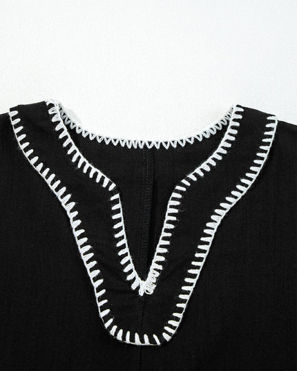Black Contrast Stitched V Neck 3/4 Sleeve Tiered Mini Dress