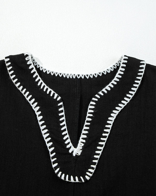 Black Contrast Stitched V Neck 3/4 Sleeve Tiered Mini Dress