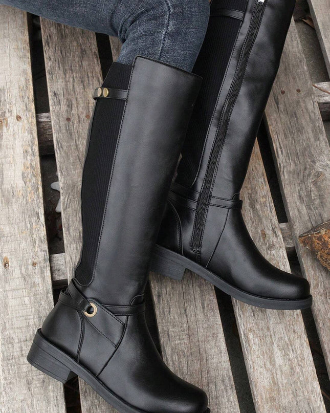 Black Side Zipper Knee High Chunky Low Heel Boots