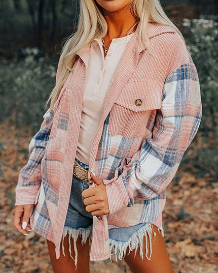 Western Plaid patchwork corduroy oversized jacket Shacket