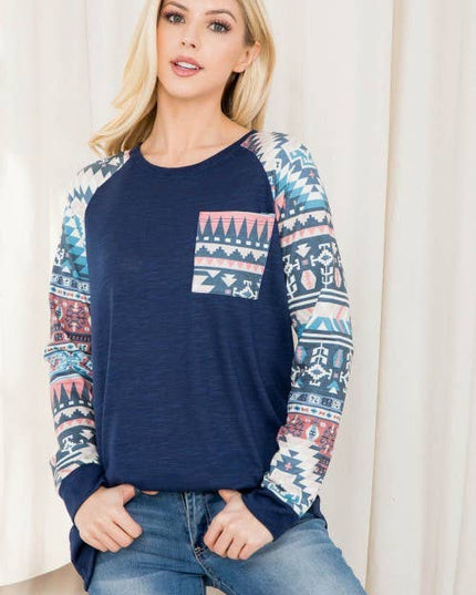KC013B-SIMONE AZTEC PRINT COLOR BLOCK RAGLAN TOP