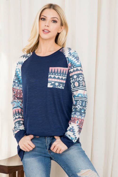 KC013B-SIMONE AZTEC PRINT COLOR BLOCK RAGLAN TOP