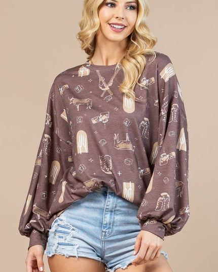AV1171-CAROL WESTERN PRINT LONG SLEEVE SWEATSHIRT