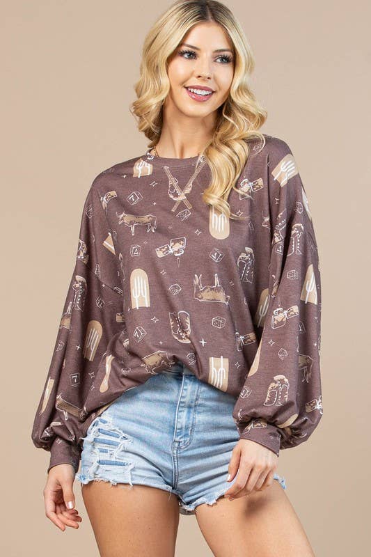 AV1171-CAROL WESTERN PRINT LONG SLEEVE SWEATSHIRT