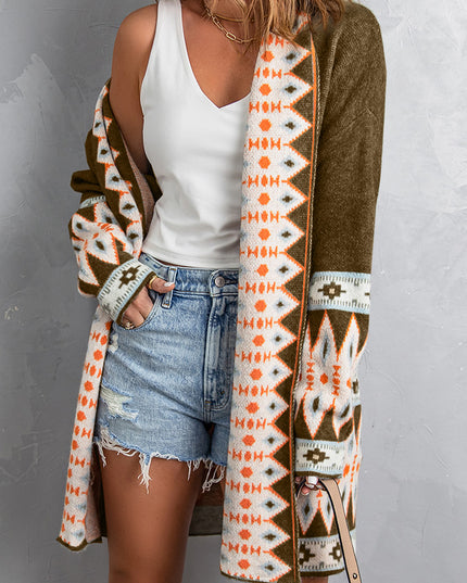 Brown Aztec Print Open Front Knitted Cardigan