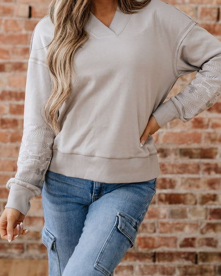 Parchment Aztec Embroidered Western V Neck Sweatshirt