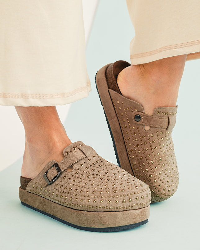 Parchment Rivet Buckle Closed Toe Platform Slippers