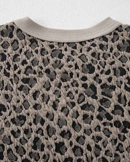 Khaki Jacquard Leopard Half Sleeve Jumper Wide Leg Pant Set