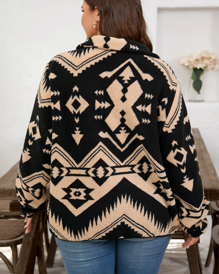 Black Plus Size Western Aztec Pattern Half Button Collared Plush Sweatshirt