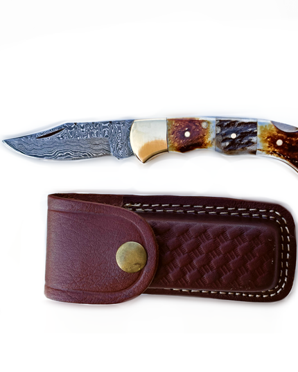 Burnt Bone and Stag Horn folding knife with Leather Sheath
