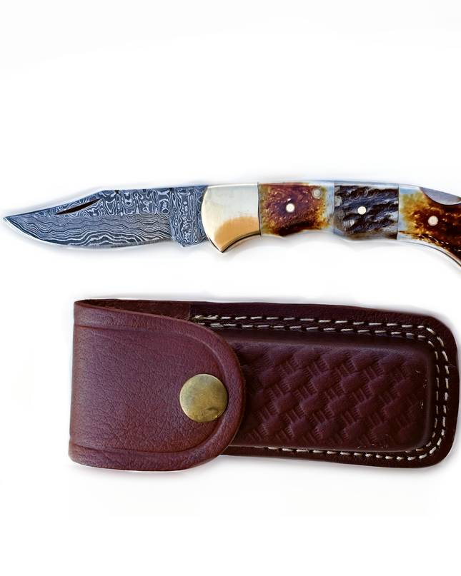 Burnt Bone and Stag Horn folding knife with Leather Sheath