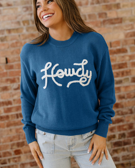 Dusk Blue Howdy Embroidered Graphic Western Sweater