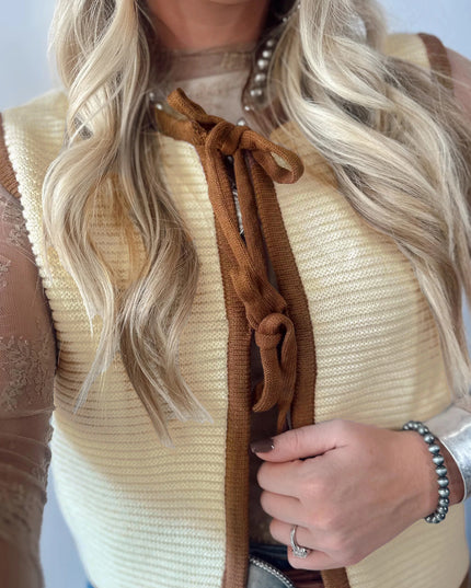 White Horizontal Ribbed Knit Contrast Trim Ties Front Sweater Vest