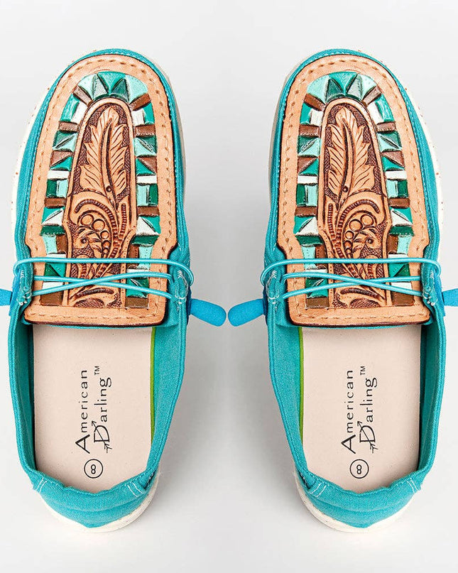 LC-ADFT133TR8 Women's Turquoise Canvas Tooled Leather Loafers - American Darling Western Inlay Slip-Ons