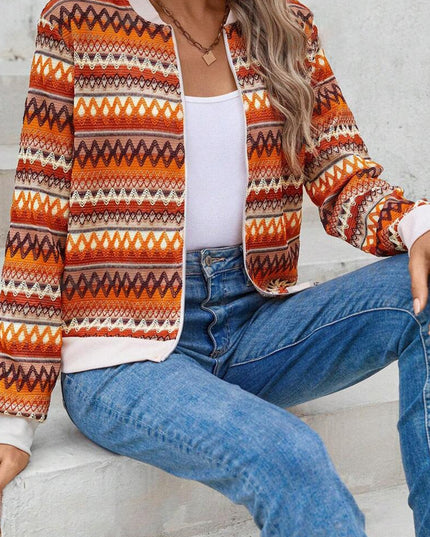 Orange Boho Striped Zip Up Long Sleeve Jacket