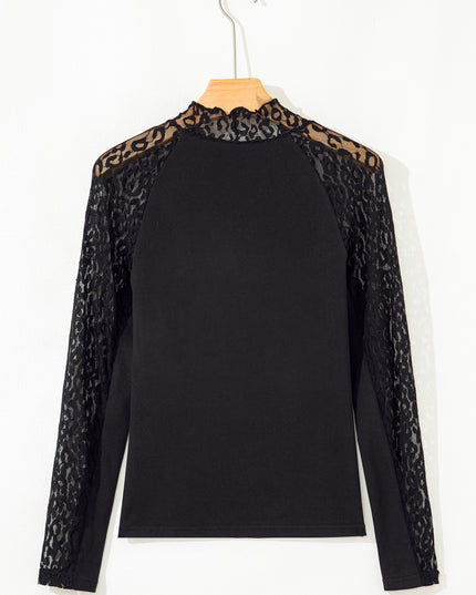 Black Leopard Mesh Patchwork Knit Long Sleeve Top