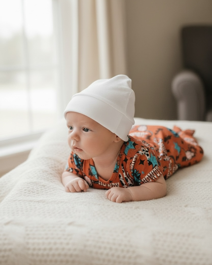 Cute bull skull burnt orange printed baby gown. PJB25153009