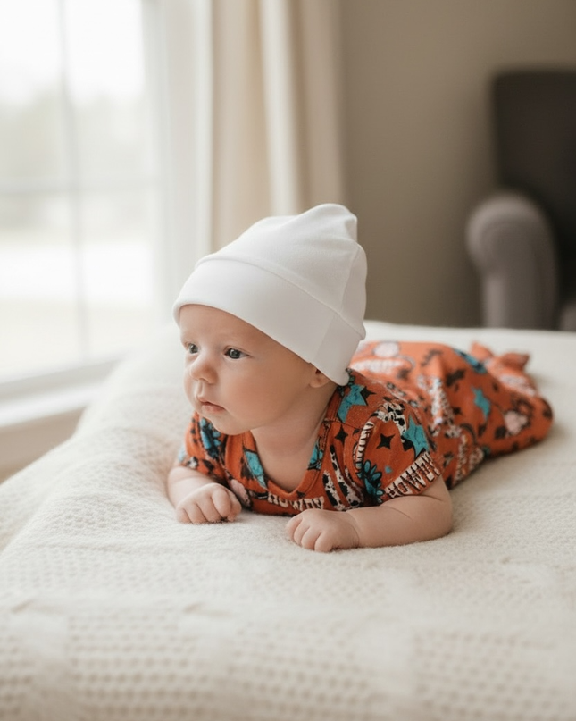 Cute bull skull burnt orange printed baby gown. PJB25153009