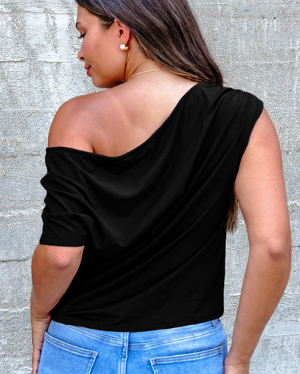 Black Plus Size Solid Color Asymmetric Neck Short Sleeve Blouse