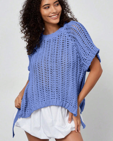 Pink Plus Size Open Knit Bow Tie Short Sleeve Sweater