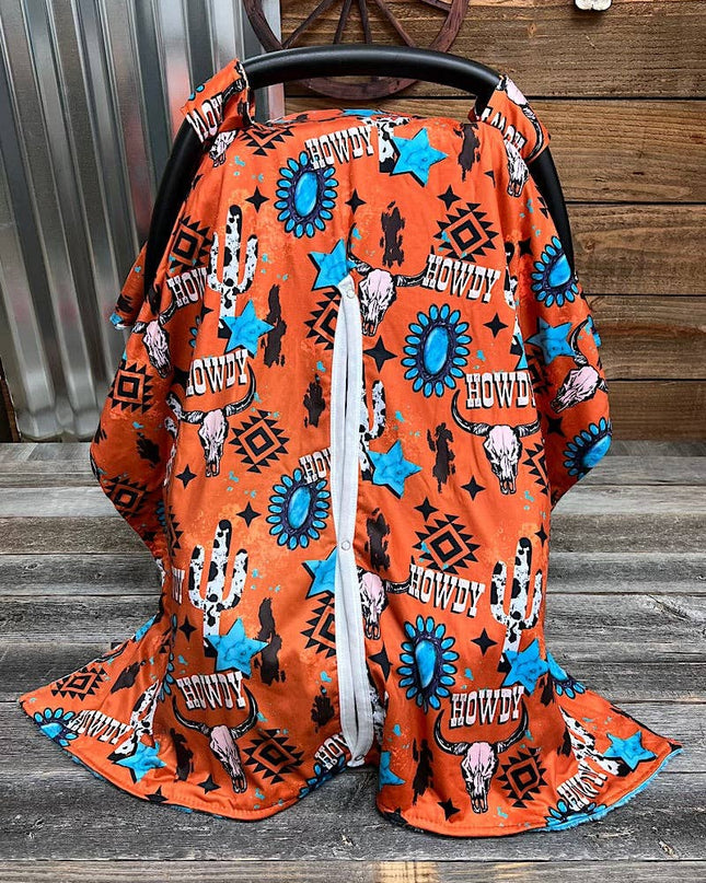 Orange howdy cow skull printed canopy cover. ZYTB25153007 M