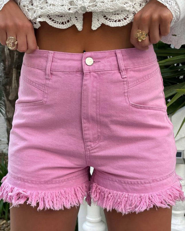 Pink Frayed Edge Mid Rise Denim Shorts