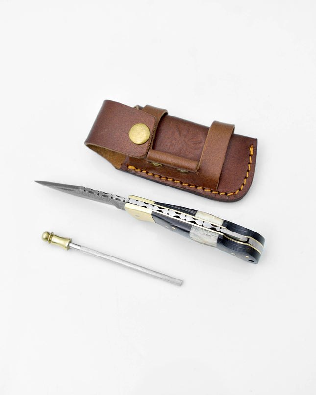 Damascus steel pocket knife Limited Run Black Diamond Wood and Stag Horn TF-052