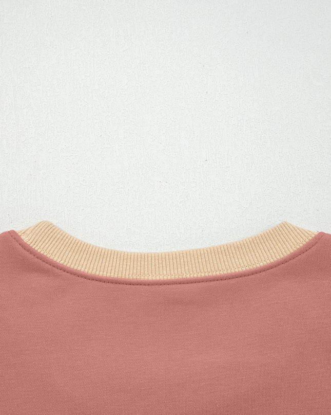 Rose Pink Contrast Star Patchwork Exposed Seam Uneven Hem Drop Shoulder Sweatshirt