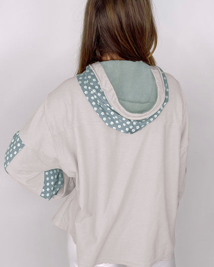 Beau Blue Floral Patchwork Star Pattern Drawstring Hoodie