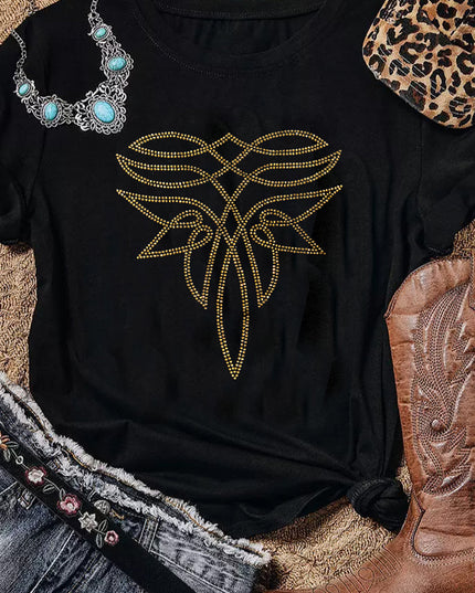 Black Rhinestone Western Pattern Cotton Blend Graphic T Shirt