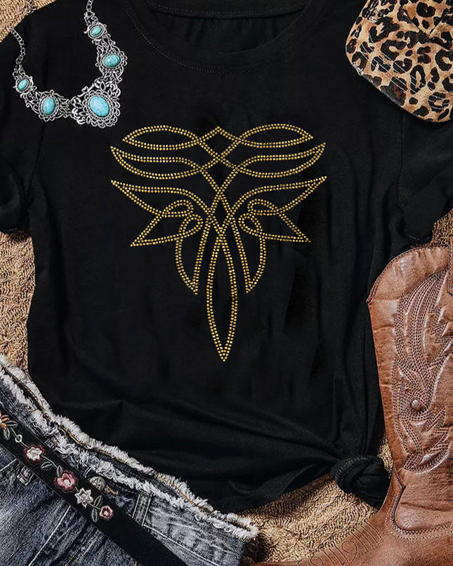 Black Rhinestone Western Pattern Cotton Blend Graphic T Shirt