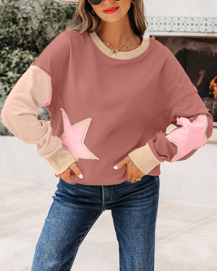 Rose Pink Contrast Star Patchwork Exposed Seam Uneven Hem Drop Shoulder Sweatshirt