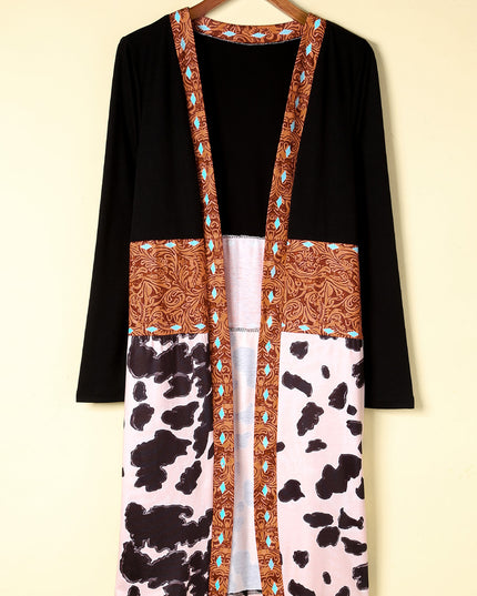Black Western Pattern Cow Patchwork Open Front Cardigan
