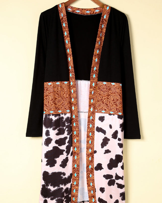 Black Western Pattern Cow Patchwork Open Front Cardigan